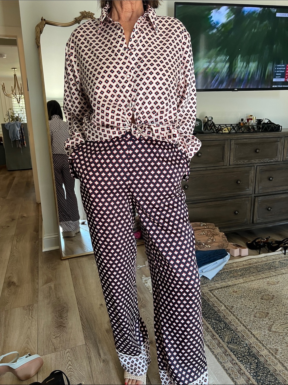 Zara Pink and Black Geometric Satin Pajama Set